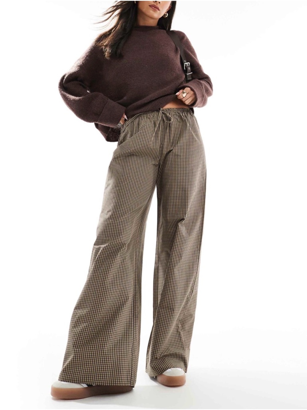 ASOS Brown & Cream Houndstooth Wide-Leg Drawstring Pants